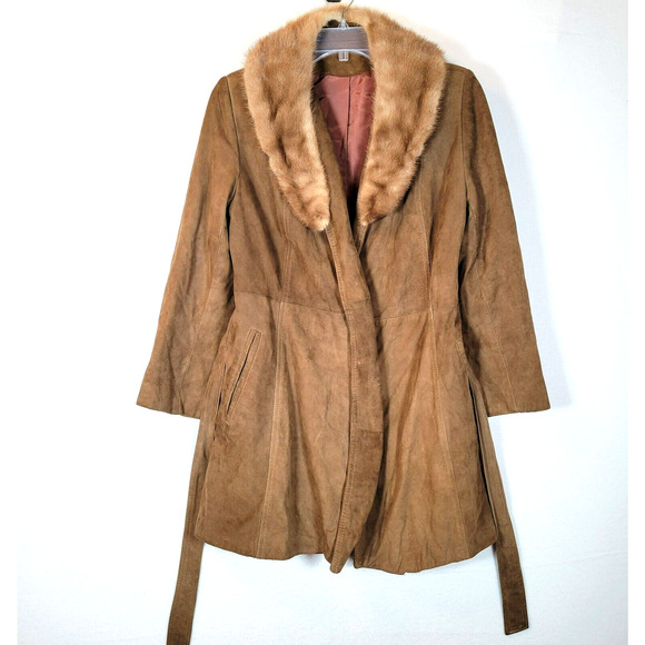 Leathercraft Womens Leather Suede Fur Trim Coat Size 8 Brown Penny Lane Vintage